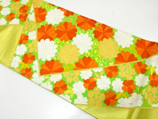 JAPANESE KIMONO / ANTIQUE FUKURO OBI / SILK / WOVEN KIKU ARABESQUE & SAKURA